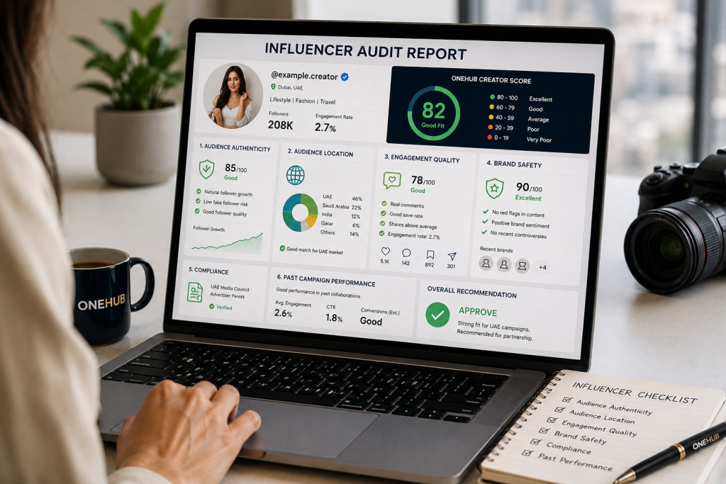 Influencer vetting and audit report showing creator authenticity, audience quality and OneHub Creator Score