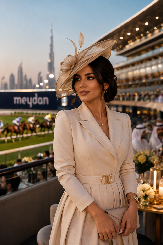 Elegant race-day fashion influencer at Meydan Racecourse during the Dubai Racing Carnival.